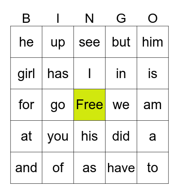 Sight Words Bingo Card