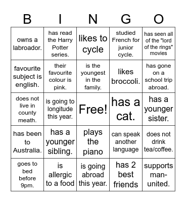 Get to know each other! Bingo Card