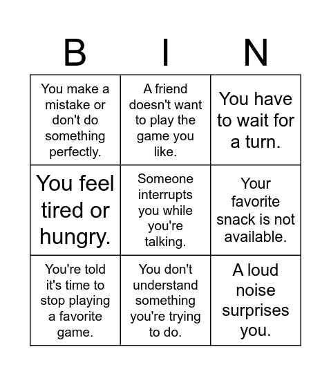 Calm Choices Bingo Card