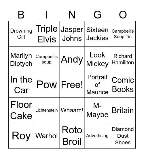 Pop Art Bingo Card