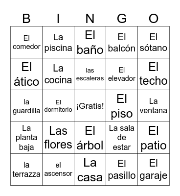 Spanish House Vocab Bingo Card