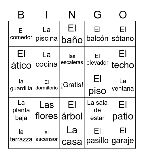 Spanish House Vocab Bingo Card