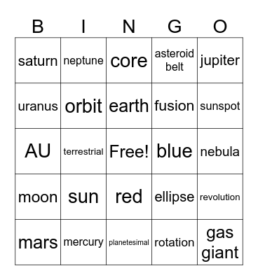 Sun and Planets Bingo Card