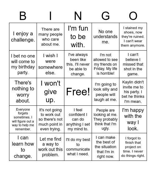 Positive and Negative Thoughts Bingo Card