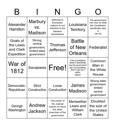 Early Presidents Bingo Card
