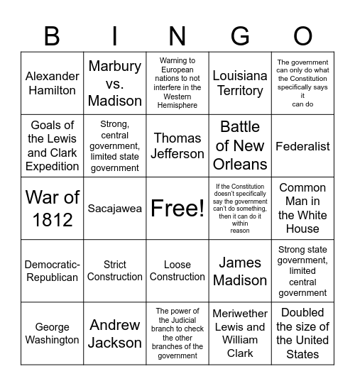 Early Presidents Bingo Card