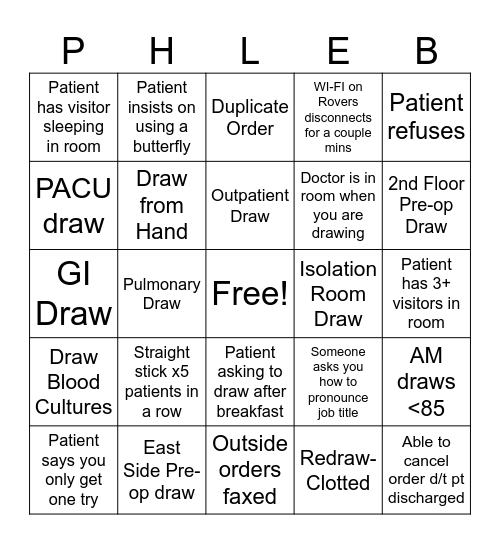 Phlebotomy BINGO 😁 Bingo Card