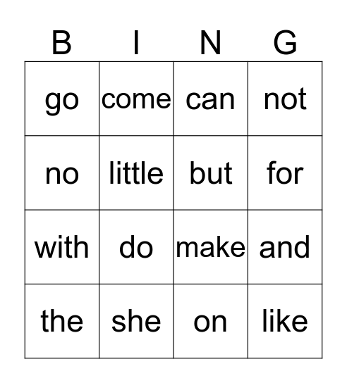 Sight Word Bingo Card