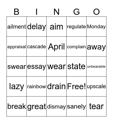 Long a vowel sounds Bingo Card