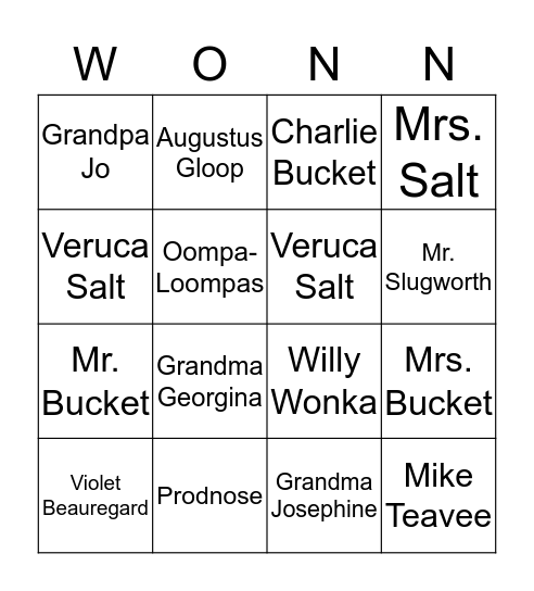 Wonka People Bingo Card
