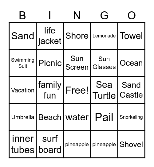 Beach Bingo Card