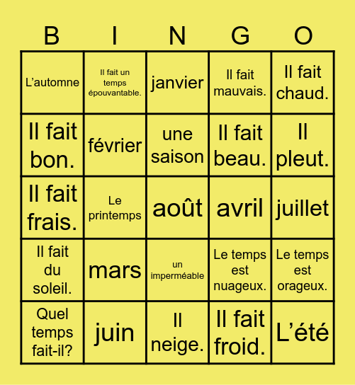 5B Vocabulaire (en français) Bingo Card