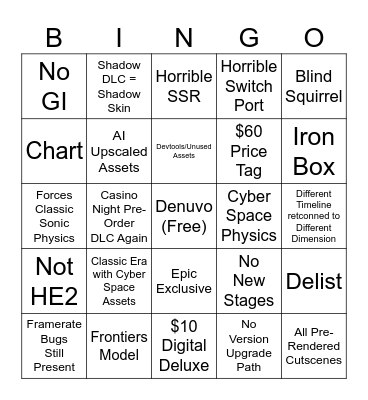 Sonic Generations Remastered Bingo Card