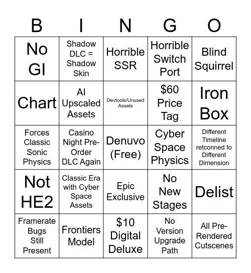 Sonic Generations Remastered Bingo Card