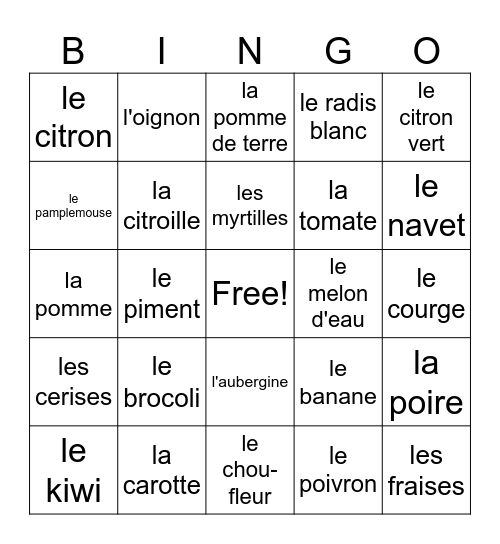 Fruits/legumes Bingo Card