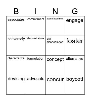 Civil Disobedience Vocabulary Bingo Card