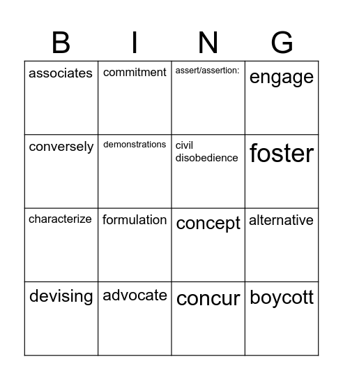 Civil Disobedience Vocabulary Bingo Card