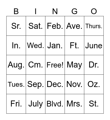 Abbreviations Bingo Card