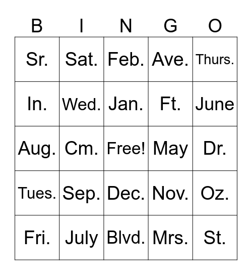 Abbreviations Bingo Card