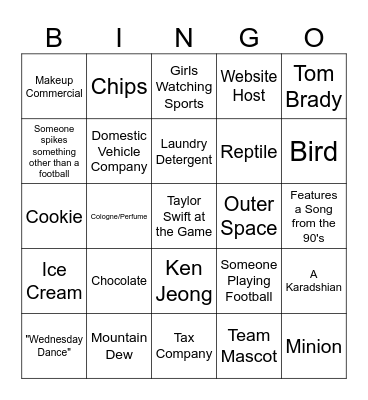 Super Bowl Commercial Bingo Card
