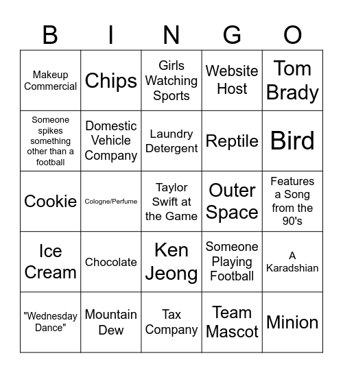 Super Bowl Commercial Bingo Card