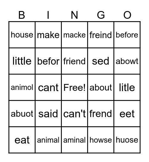 Spelling Words Bingo Card