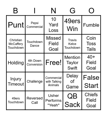 Super Bowl Bingo Card