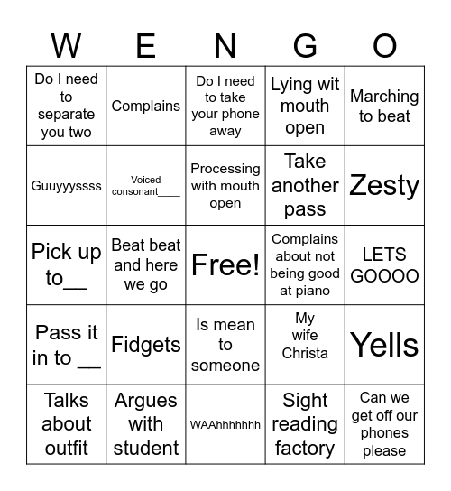 Wengo Bingo Card
