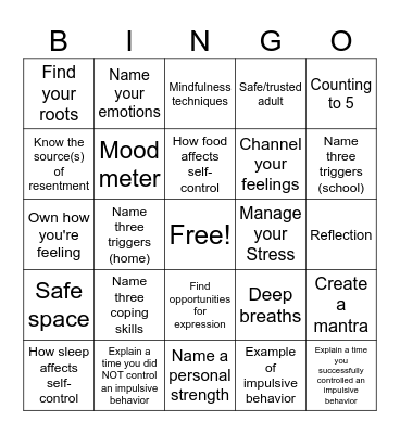 Impulse Control Bingo Card