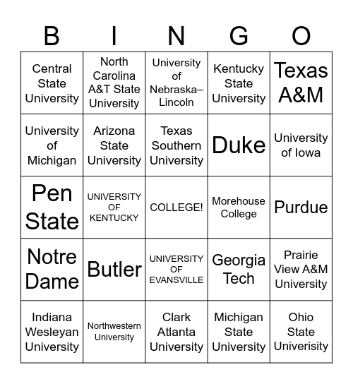 College Madness Bingo Card