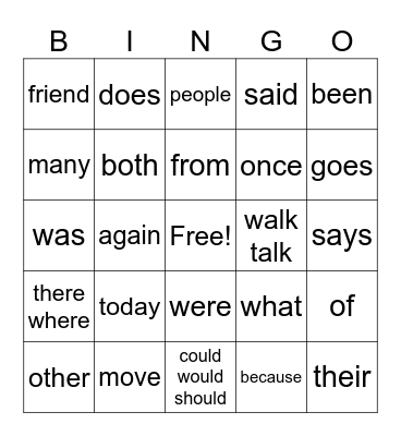 UFLI Heart Words Bingo Card