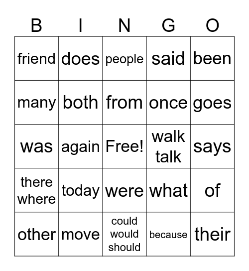 UFLI Heart Words Bingo Card