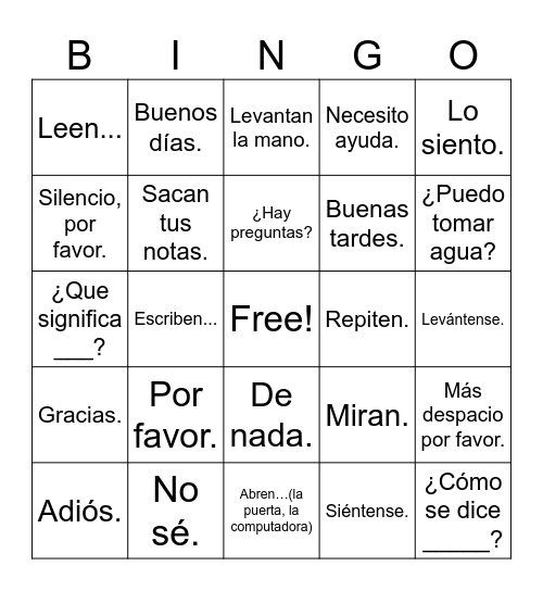 Frases Útiles Bingo Card