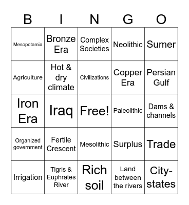 Sumerian Civilization Bingo Card
