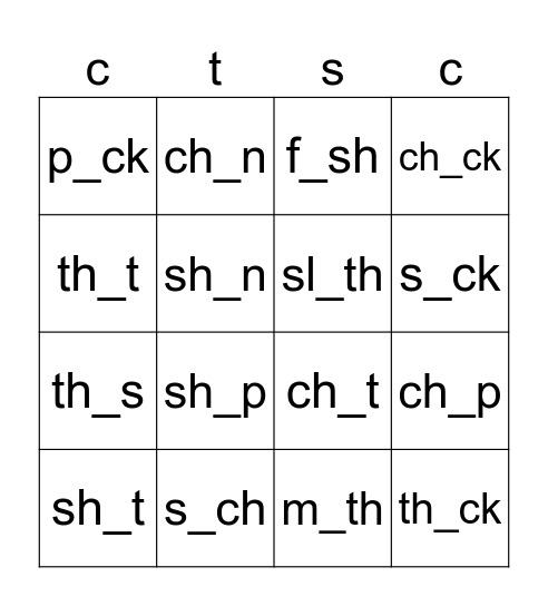 Consonant Digraphs Bingo Card