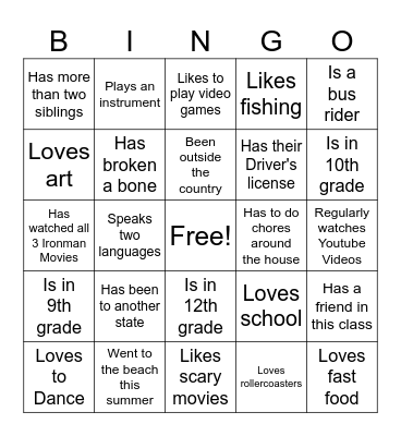 First Day of School Bingo Card