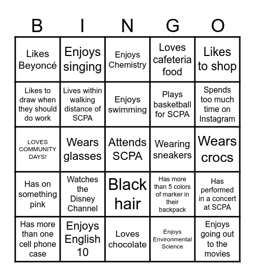 SCPA Getting to Know Bingo Card