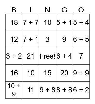 Math Addition Facts To 21 Bingo Card
