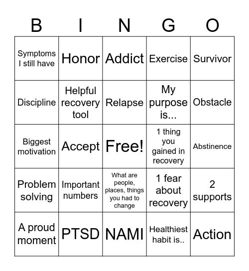 RECOVERY Bingo Card
