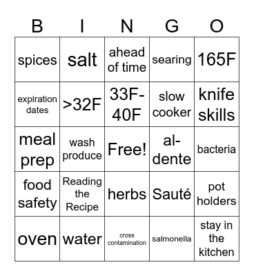 Cooking Skills Bingo Card