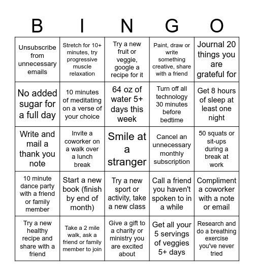 Wellness Bingo Feb 1-7 Bingo Card