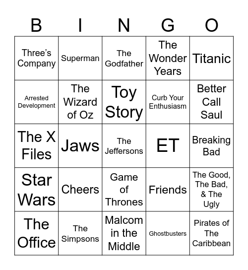 Radio Bingo Movie & TV Themes Bingo Card