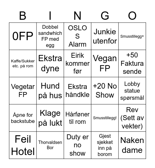 Hotel Bingo Card