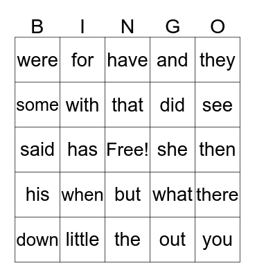 Sight Words Bingo Card
