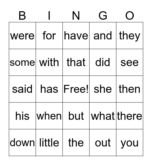 Sight Words Bingo Card