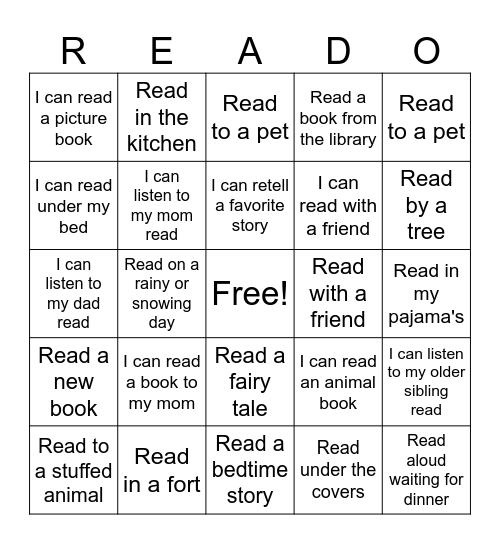 Pre-K- 2nd Grade--READO Bingo Card