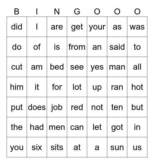 Sight Words Bingo Card