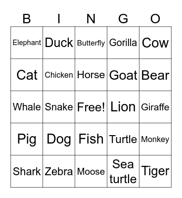 Animals! Bingo Card