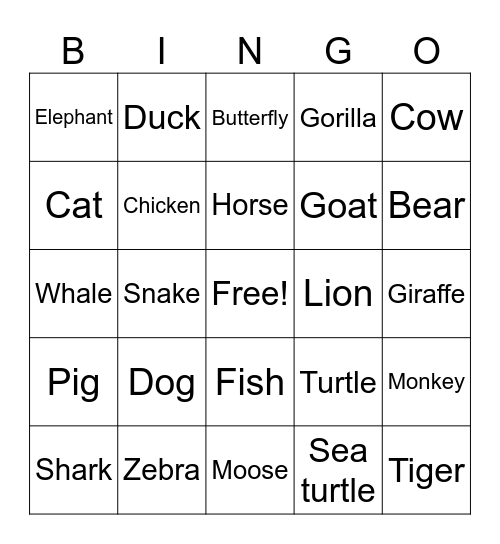 Animals! Bingo Card