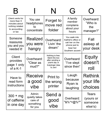 Tax Season Bingo - In Office Tax Bingo Card